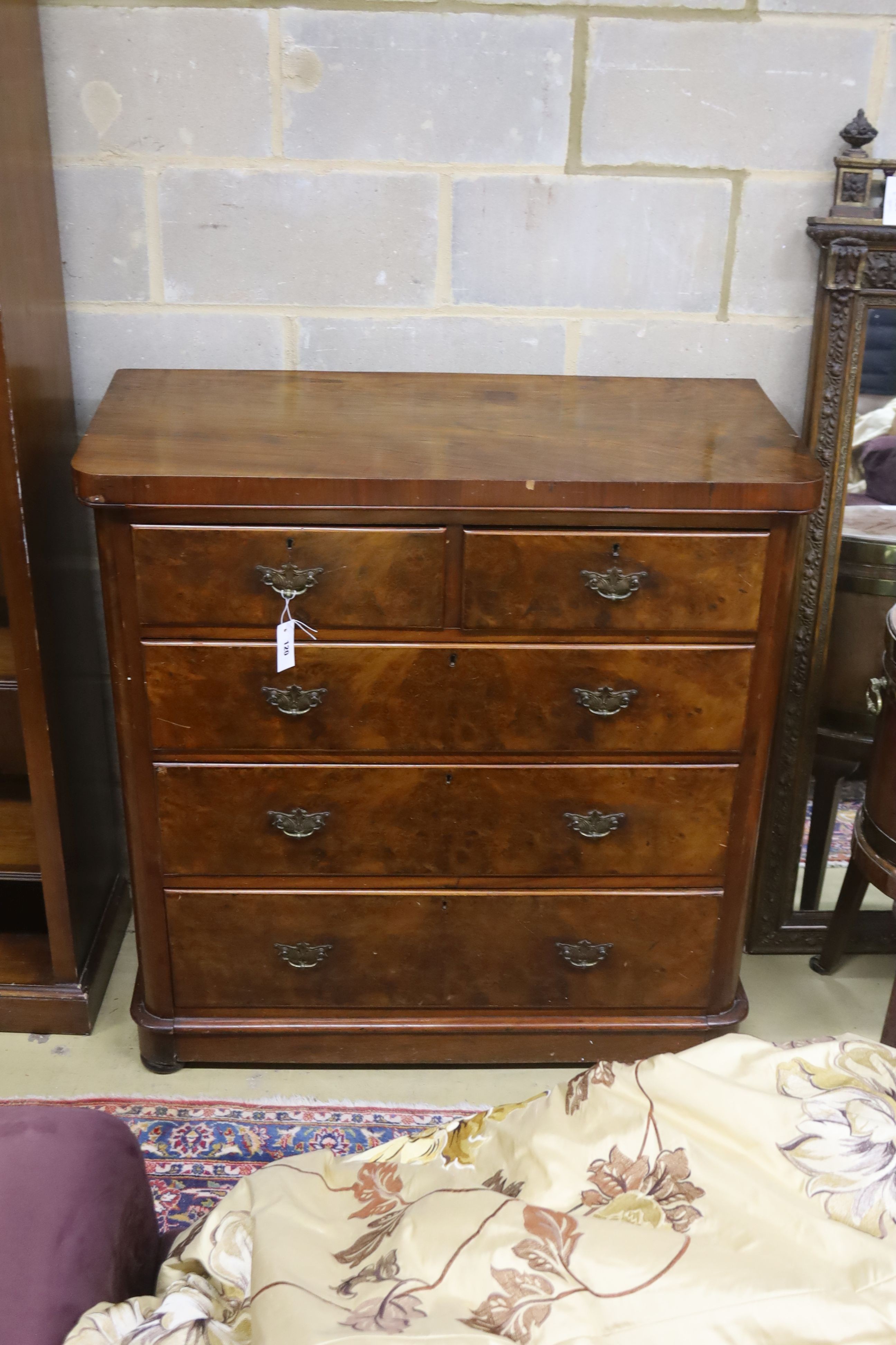 A late Victorian figured walnut chest, width 102cm, depth 48cm, height 104cm